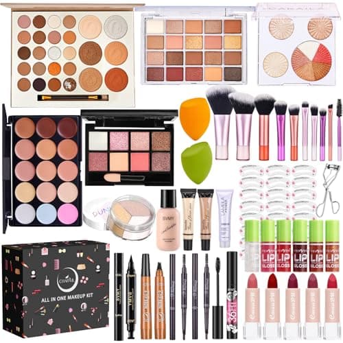 All in One Makeup Kit for Women Full Kit, Make Up Gift Set, Makeup Essential Bundle Includes Foundation Eyeshadow Palette Concealer Lipstick Eyeliner Eyebrow Stencils Mascara Cosmetic Brush Set
