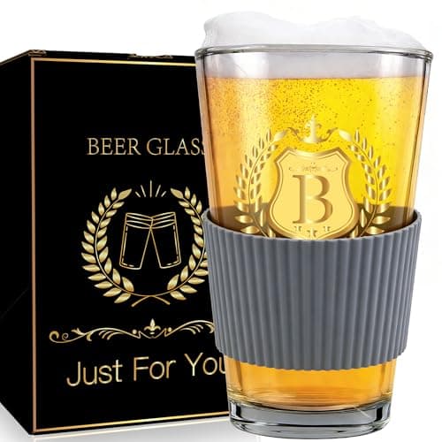 VINELUXRY Monogrammed Beer Glass Gift Initial Letter B Gift for Man Woman Personalized A-Z Pint Glasses Gifts Package with 16oz Beer glass, Beer Glass Sleeve, and Greeting Card for Men or Women