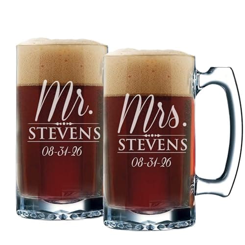 My Personal Memories Mr and Mrs Beer Mug Glasses - Customized Engraved Wedding for Couples - Custom Monogrammed - Set of 2