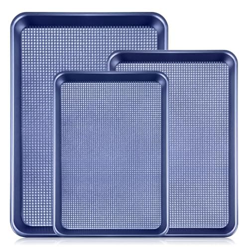 Vinino Baking Sheet Set of 3, Cookie Sheets For Baking with Square Texture Pattern, Thicker Carbon Steel Non-stick Baking Pan Half/Quarter/Jelly Roll Pans Tray for Oven-Blue