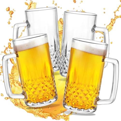GOSDENG Beer Mugs For Freezer, 20 oz Large Heavy Glass Mugs with Handles Set of 4, Clear Large Beer Steins for Tea, Coffee, Lead-Free Glasses Oktoberfest Style, Best Gifts for Dad Husband or Friend
