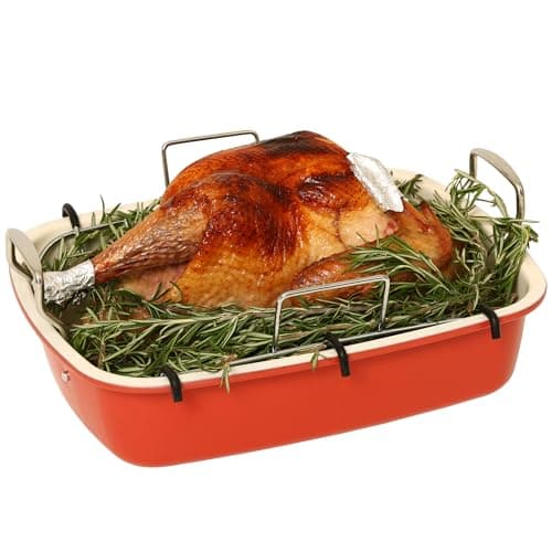 UUKRAVE Turkey Roasting Pan with Rack (U-Shaped), Large 17.3 x 14.6 Inch Nonstick Roaster Pan for 25 lb Turkey or Chicken, Deep Oven Tray, 0.8 mm Heavy Duty Steel, Stainless Steel Handle, Red