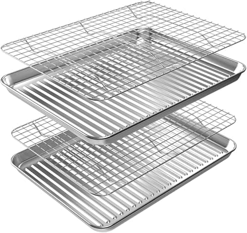 ROTTAY Baking Sheet, Half Sheet Pan with Cooling Rack Set [2 Pans + 2 Racks], Stainless Steel Baking Pan for Oven, Warp Resistant & Heavy Duty & Rust Free, Size 18 x 12 x 1 Inches