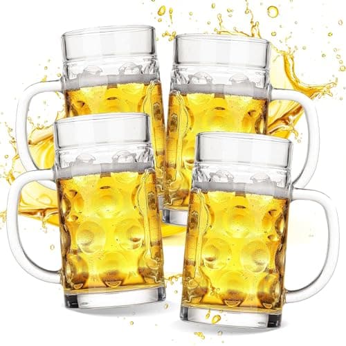 ZHENGYAOYANG 20oz Large Heavy e Glass Beer Mugs for Freezer Set of 4 with Handle, Large Glass Beer Stein, Beer Cup Mug for Water, Drinks, Lead-Free Glasses for Men in Pub, Home