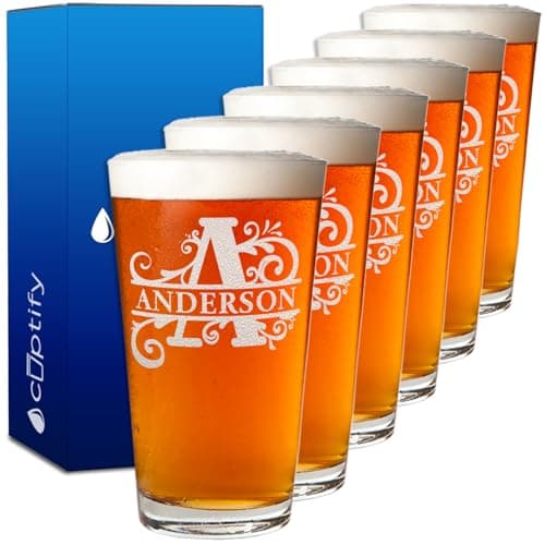 Cuptify Monogrammed Beer Glasses Set of 6 Initial and Name Laser Engraved 16 oz Pint Drinking Glasses Customized Mug Birthday Gift for Men and Women
