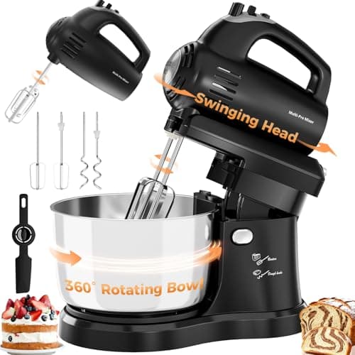 Stand Mixer Hand Mixer Kitchen Electric - 2-IN-1 3.2 QT Auto-Rotating Bowl & Beater Tilt-Head Small Standing Mixer, 250 Watt 5-Speed with Turbo Boost Household Mixer with Beaters & Dough Hooks
