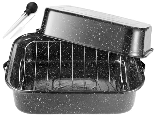 JY COOKMENT Roasting Pan With Lid and Rack, 21' Rectangular, 25lb Turkey Roaster Pot, Large Oven Roaster Tray, V-Rack and Versatile Lid Bone Turkey Baster