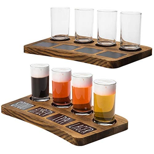 MyGift Beer Flight Board Sampler Set with 4 Tasting Beer Glasses, Brown Wood Serving Tray and Chalkboard Labels, Set of 2