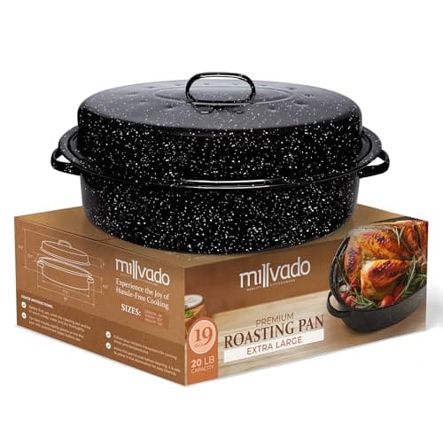 Millvado Roasting Pan With Lid, Thanksgiving Turkey Roaster Pan, Extra Large 20 lb Capacity, 19" Granite Oven Roaster Oval Shaped Speckled Enamel on Steel Cookware,for Roasting Turkey, Chicken, Lamb