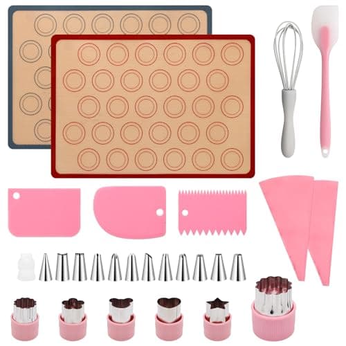 Coldairsoap 28Pcs Macaron Silicone Baking Mat Kit-2 Sheet Macaron Silicone Baking Mats 11.6"x16.5", 2 Piping Pastry Bag, 12Piping Tip, 1 Coupler, 3 Scraper, 1 Egg Beater, 6 Embossing-Molds Macaron Set