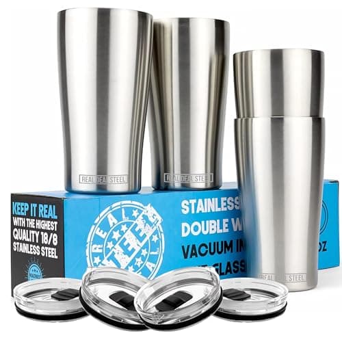 Stainless Steel Vacuum Insulated Pint Glasses - Set of 4 Pint Cups for Outdoors 16oz with Lids