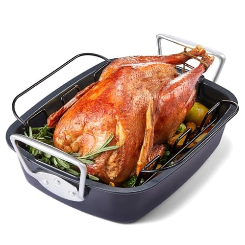 HONGBAKE Extra Large Turkey Roasting Pan with Rack (U-Shaped), 18.7×13.6 Inch Nonstick Roaster Pan for 25 lb Turkey & Chicken, Deep Turkey Tray for Oven, Wider Handles, 0.8 mm Heavy Duty Steel, Gray