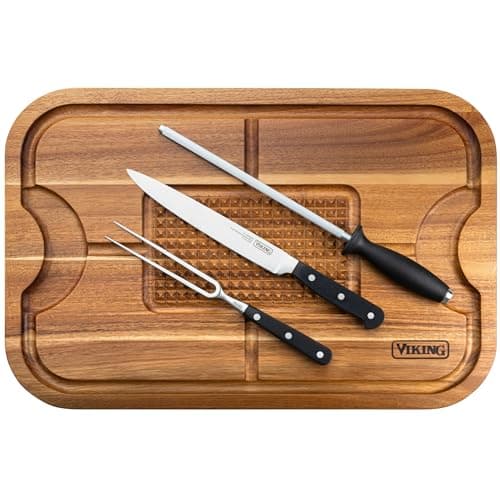 Viking Cutting Board and 3-Piece Carving Set, Oversized Acacia Wood Carving Board with Fork, Knife, and Sharpening Steel, 21.8 x 14.6 Inch
