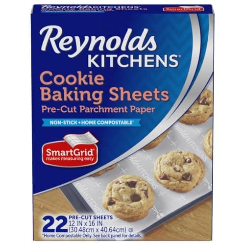 Reynolds Kitchens Cookie Baking Sheets, Pre-Cut Baking Parchment Paper Sheets for Cookies, Oven-Safe up to 425 Degrees, Reusable Up to 3X, No-Mess Cleanup, 12 in x 16 in, 22 Count