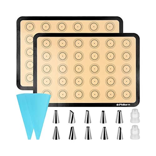Philorn Silicone Baking Mat Set, 16.5" x 11.42" Macaron Mat, Non-Stick With Tools, 2 Pack Food Safe, Reusable for Oven, Cookie, Bread