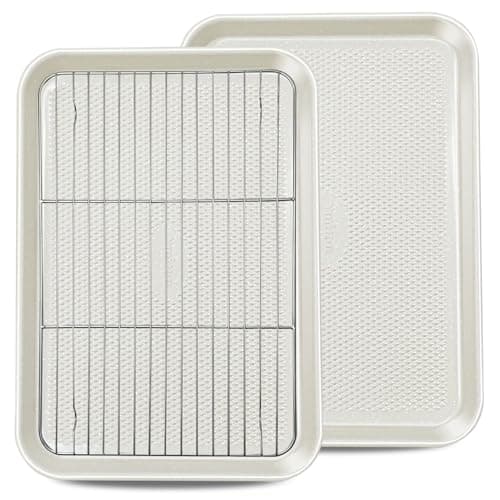 Ymiton 2-Pack 12x17 Half Sheet Pan Baking Sheet Set with Wire Rack - Nonstick 0.8mm Thick Carbon Steel, Cookie Sheets for Baking, Dishwasher Safe, Warp Resistant, Oven Safe 450°F, Salted Gray