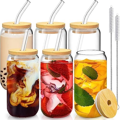 SENTVEND 16 Oz Drinking Glasses with Bamboo Lids and Glass Straw - 6 Pcs Glass Cups Beer Ice Coffee Glasses Cute Aesthetic Cup Great for Coffee Bar Accessories Include 2 Cleaning Brushes