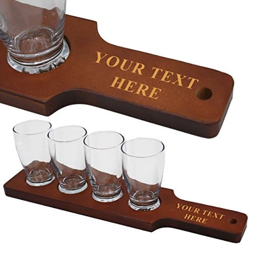 My Personal Memories Custom Engraved Beer Flight Tasting Serving Set - Customized Craft Beer Sample Paddle with Glasses - Your Text Here (Red/Brown Finish)