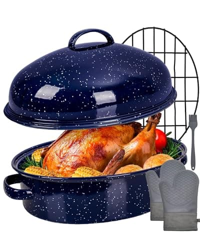 MCCSI Roasting Pan with Lid and Rack 18" Deep Large Oval Enamel Roaster Pan, Oven Dishwasher Safe Non-Stick Non-Toxic Roast Pot for Chicken Turkey Ham Steak Roasts & Bread Valentine Mother's Day Gift