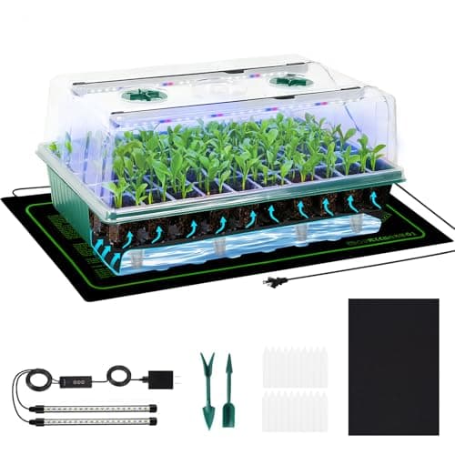 PJT Self Watering Seed Starter Tray with Grow Light & Heat Mat, 60-Cell Seed Starting Kit with 4.3” Humidity Dome for Seed Germination, Complete All-in-One Kit for Easy Seed Starting