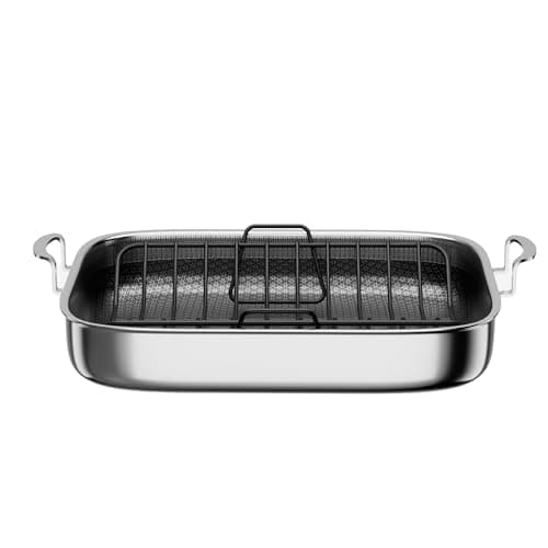 COOKER KING Stainless Steel Nonstick Roasting Pan with Rack, 18.27x14.84 Inch Roaster Pan for 25 lb Turkey & Chicken, Oven Safe Up to 900°F, Compatible with All Cooktops (Rectangular, Large)
