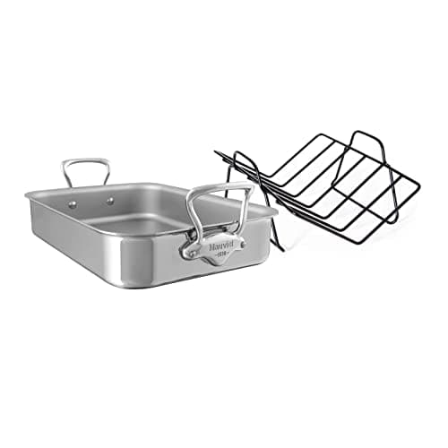 Mauviel M'Cook 5-Ply Polished Stainless Steel Roasting Pan With Rack, And Cast Stainless Steel Handles, 15.7 x 11.8-in, Made In France