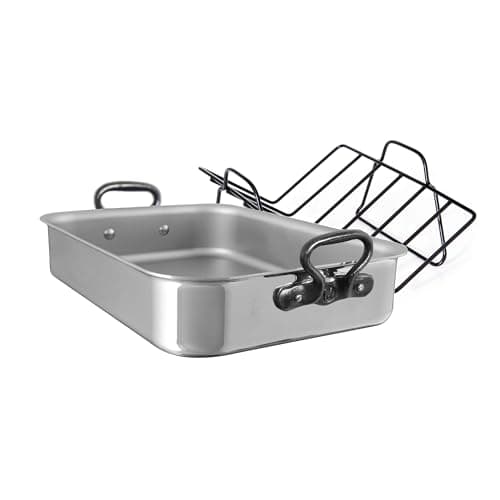 Mauviel M'Cook CI 5-Ply Stainless Steel Roasting Pan With Rack and Cast Iron Handles, 15.7 x 11.8-in, Made In France