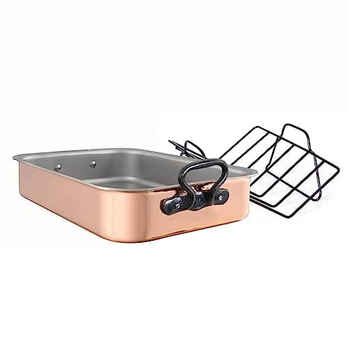 Mauviel M'Heritage M200CI 2mm Polished Copper & Stainless Steel Rectangular Roasting Pan With Rack, Cast Iron Handles, 15.7 x 11.8-in, Made in France