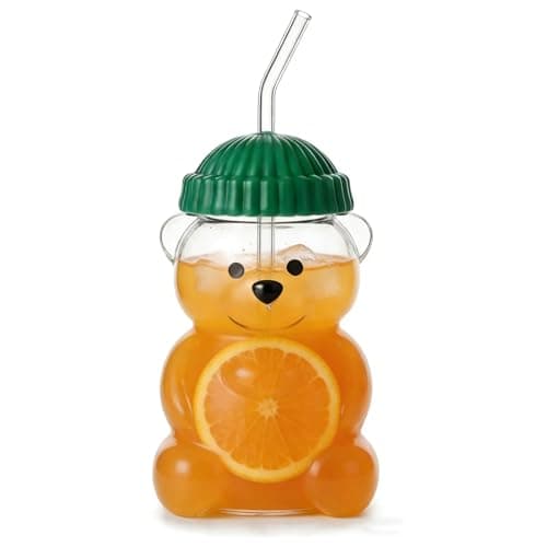 ZHSSTUIEN New Glass Bear Cup with Straws and Lids, 20oz Bear Mug High Borosilicate Material for All Beverages Ldeal for Valentine's Day and Holiday Gifts