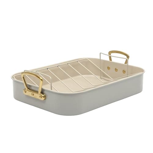Gibson Home Broxton 2-Piece Nonstick Roaster Pan with Rack – 16 x 12 Inch Taupe Turkey Roasting Pan with Cast Aluminum Gold Handles – Oven-Safe, Easy-Clean, Holiday Cookware