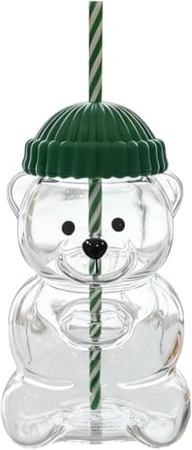 2026 Bearista Bear Glass Cups (1Pc) 20oz Cute Coffee Tumbler with Straw & Lid, Iced Coffee, Matcha & Boba Tea