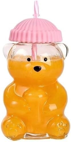 Homvyard Glass Bear Mug, Bear Mug with Straw and Lid 20 oz High Borosilicate Bear Glass Smooth Edge for Coffee Tea Milk Juice Office Cafe(Pink)