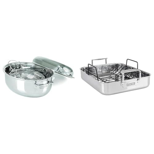 Viking Culinary 3-Ply Stainless Steel Oval Roasting Pan, 8.5 Quart & Culinary 3-Ply Stainless Steel Roasting Pan, Includes a Nonstick Rack