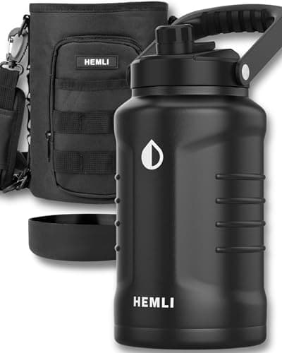 HEMLI One Gallon Insulated Stainless Steel Water Bottle, 128 oz Jug, Triple-Walled Vacuum-Sealed Beer Growler, with Carrying Case (New Black)