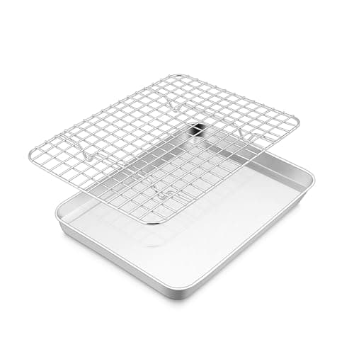 E-far Stainless Steel Baking Sheet with Wire Rack Set, 10.5” x 8.3” Cookie Sheet Baking Pan for Toaster Oven, Small Metal Tray with Cooling Rack for Cooking Roasting, Non-Toxic & Dishwasher Safe