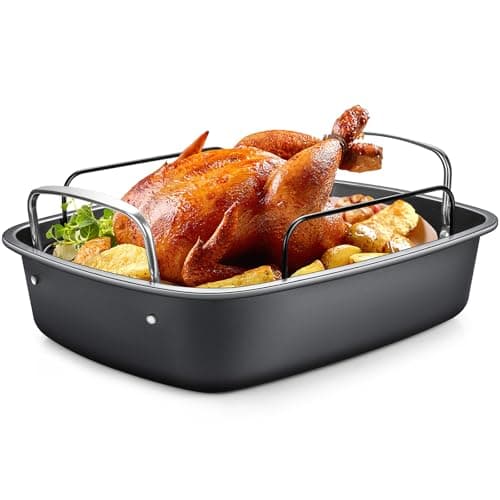 Nonstick Turkey Roasting Pan with Rack - 17×13 Inch Extra Large Roaster Pan, Deep Turkey Tray for Oven, U-Shaped Rack, Wider Handles, Ideal for Ovens, Thanksgiving, and Christmas