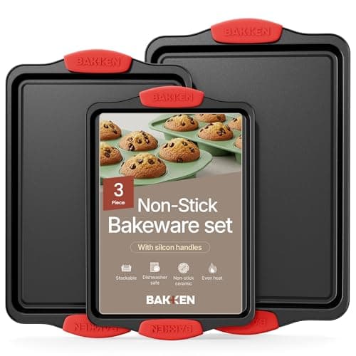 Baking Pan Set – 3 Piece Cookie Sheet – Deluxe Black Non-Stick Carbon Steel – Silicone Handles – Commercial Grade Restaurant Quality – PFOA PFOS and PTFE Free by Bakken