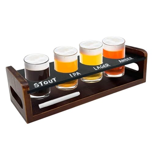 Beer Flight Boards with 4 Glasses 5oz,Wine Flight Tasting Set Tequila Margarita Whiskey Flight Board Wood Drink Serving Tray Shot Glass Holder with Erasable Chalkboard for Men Beer