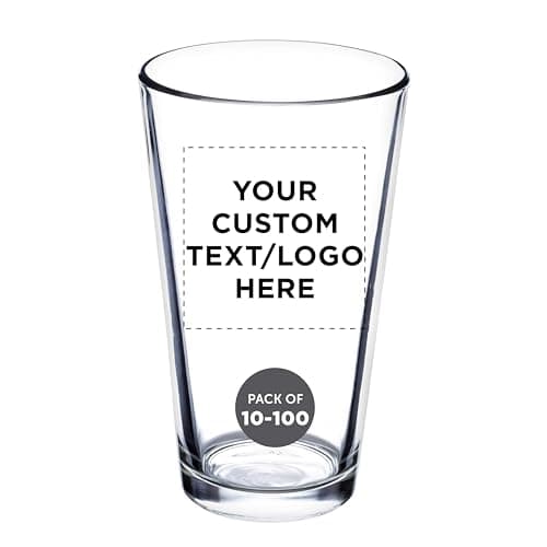 DISCOUNT PROMOS Custom Beer Pint Glasses 16 oz. Set of 10/50/100, Personalized Bulk Pack - Heavy Duty Glassware for Restaurant, Thick Base and Walls, Stackable - Clear