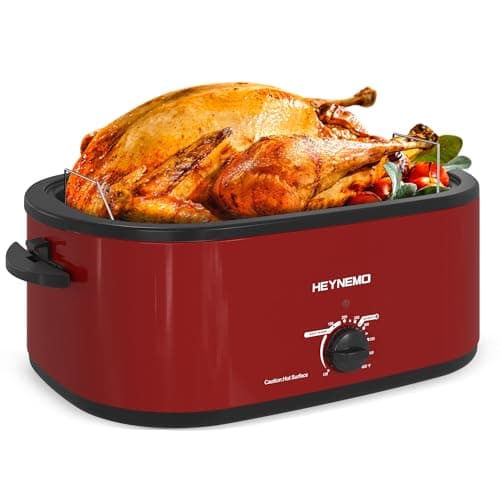 26 Quart Electric Roaster Oven with Visible & Self-Basting Lid, Large Turkey Roaster with Defrost Warm Function, Adjustable Temperature, Removable Pan Rack, Stainless Steel, Red
