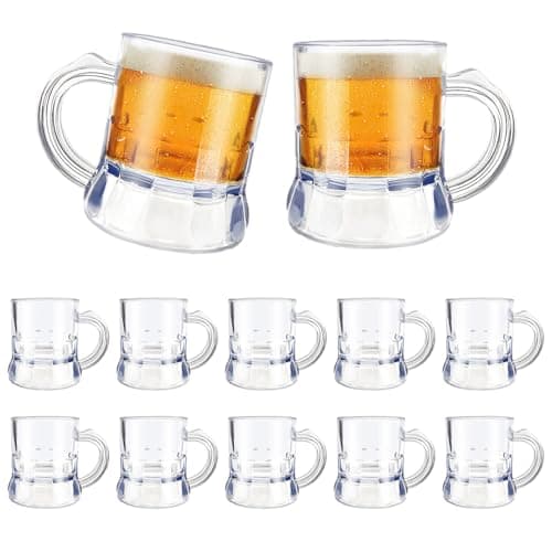 ZZYFGH 12 Pcs Mini Plastic Beer Mugs, 1 Oz Clear Plastic Shot Glasses Beer Mug with Handles, Reusable Beer Stein Tasting Glasses for Beer Fest, Birthday Weddings Party Supplies, BBQ and Picnics