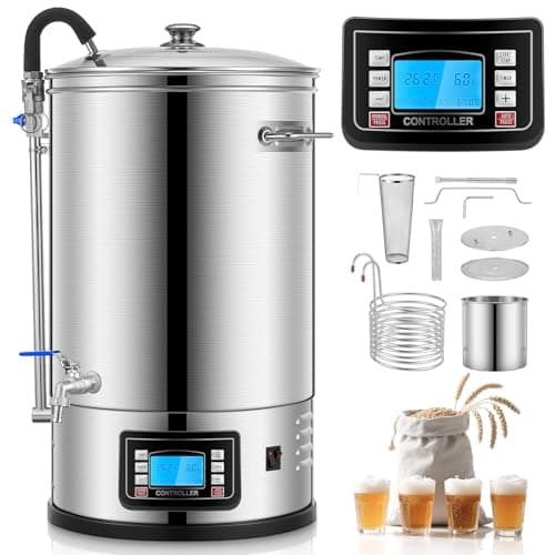 FOHERE Electric Brewing System, 9.2 Gal/35 L Brewing Pot, All-in-One Home Beer Brewer, Stainless Steel Mash Boil Device with 7-step Programmable Mashing Process,10 Recipe Memory (Silver)
