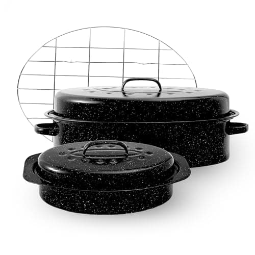 Enamel Roasting Pan With Lid and Rack 13" 18"Granite Roaster Pans Set With Rack Suitable Cooking Poultry Baking Turkey Bread Beef Resists Up to 932°F,Dishwasher Safe,Holiday Gifts CookWare