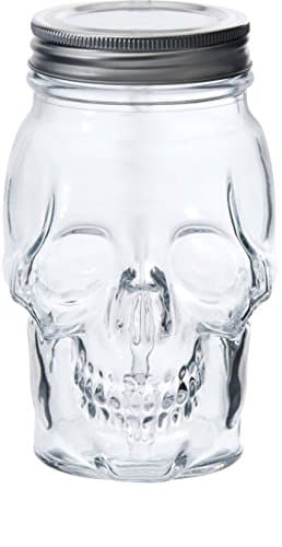 CircleWare Skull Face Glass Mason Jars with Silver Lid, Set of 6 Heavy Base Beverage Drinking Cups Glassware for Water, Beer, Juice, Bar Novelty Halloween Decorations Gift, 16 oz, Clear