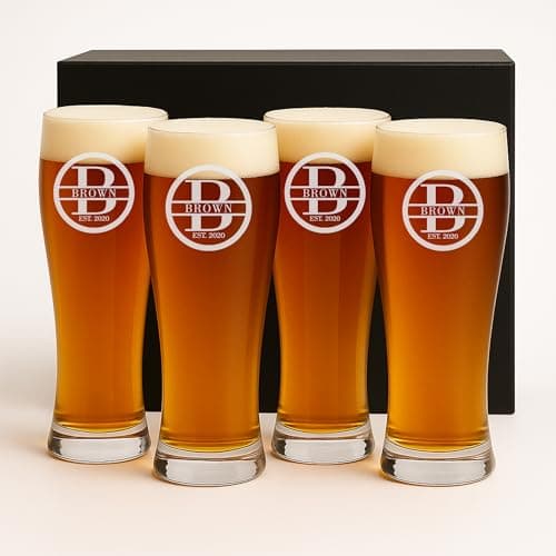 Froolu Customized Gifts for Men - Personalized Beer Glass Set w Engraved Coasters - Monogram Etched Pilsner Glasses Great for Family Home Bar - Valentine's, Housewarming, Christmas & More.