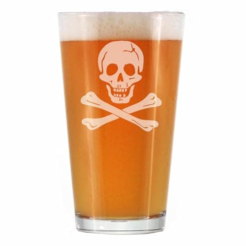 Bevvee Skull and Crossbones Pint Glass for Beer - Skull Decor and Jolly Roger Flag Gifts - 16 Oz Glasses