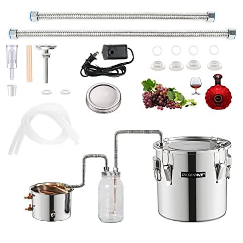 DESENNIE Shine Still Alcohol Distiller 5 Gallon with Stainless Steel Pot Glass Thumper Keg Copper Coil Thermometer Water Pump Home Brewing Kit for Wine Making Whisky Brandy Vodka