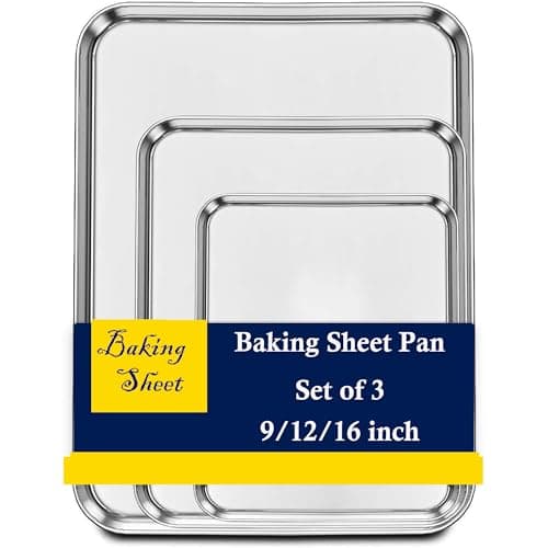 Set of 3 Baking Sheet, Stainless Steel Cookie Sheet Baking Sheet Pan, 9/12/16 Inch Cookie Tray Pans for Baking, Non Toxic & Easy Clean