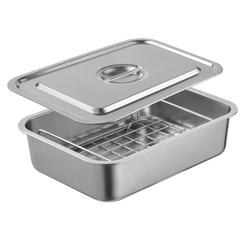 Roasting Pan with Rack and Lid, 4" Extra Deep Stainless Steel Turkey Roaster, 13.6 x 10.6 Inch Broiler Pan for Oven (M, 1 Pack)