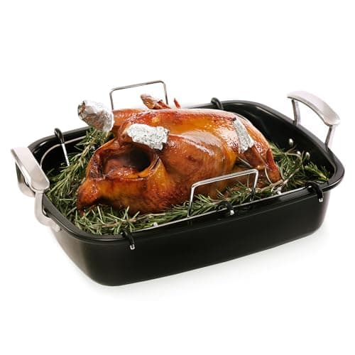 Uukrave Turkey Roasting Pan with Rack (U-Shaped), Extra Large 18.5 x 14.7 Inch Nonstick Roaster Pan for 25 lb Turkey or Chicken, Deep Oven Tray with Wide Handles, Heavy Duty Steel, Nontoxic